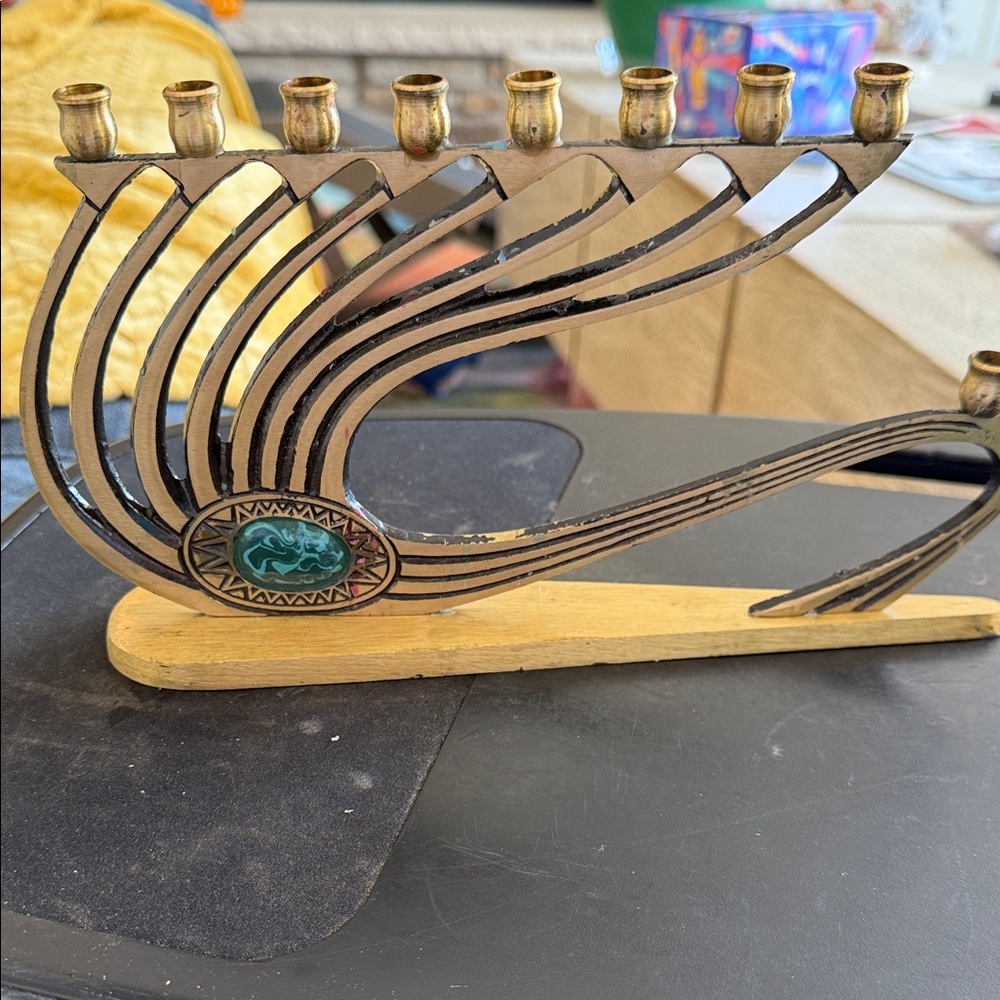 Elegant Brass and Green Menorah